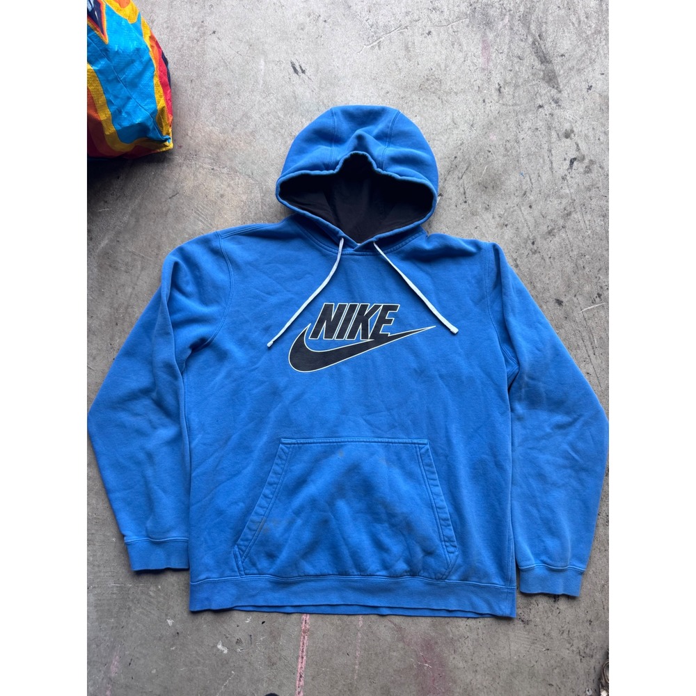 Nike Mens Sportswear Pullover Hoodie Blue Black White Logo Fleece Size Large
